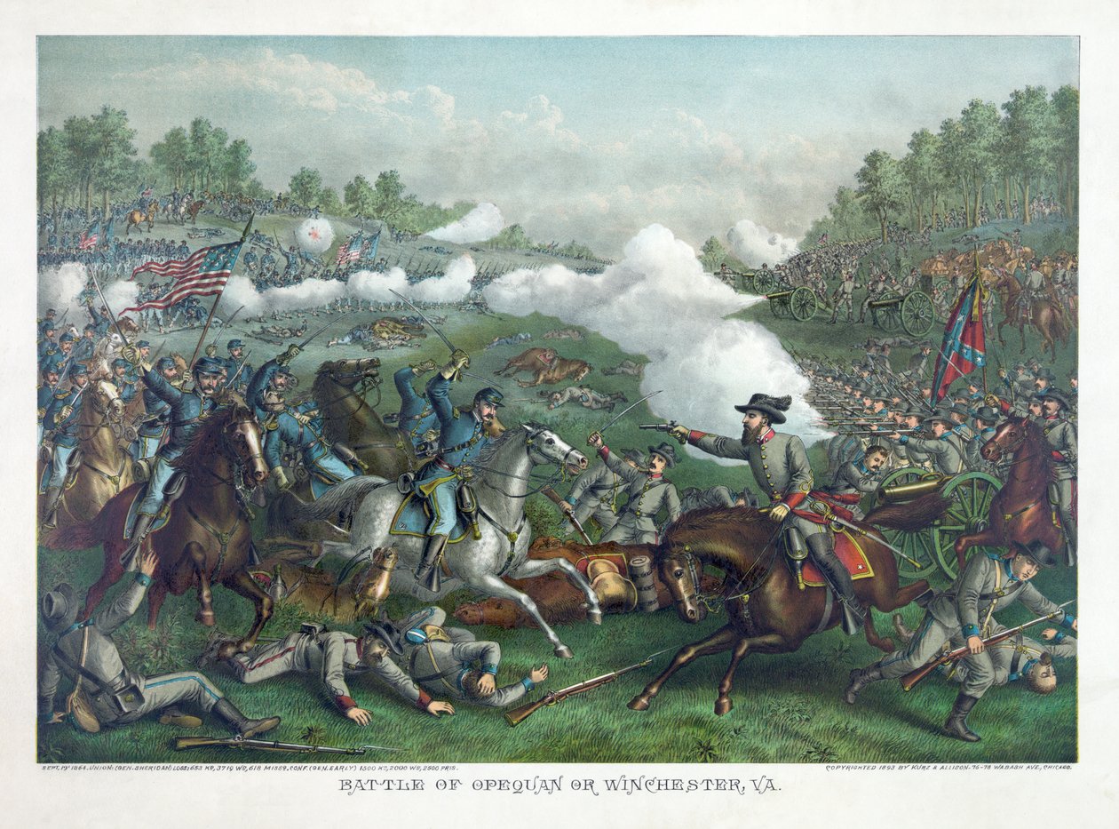 Slag bij Opequan of Winchester, Va., pub. 1890 (kleurenlitho) door American School