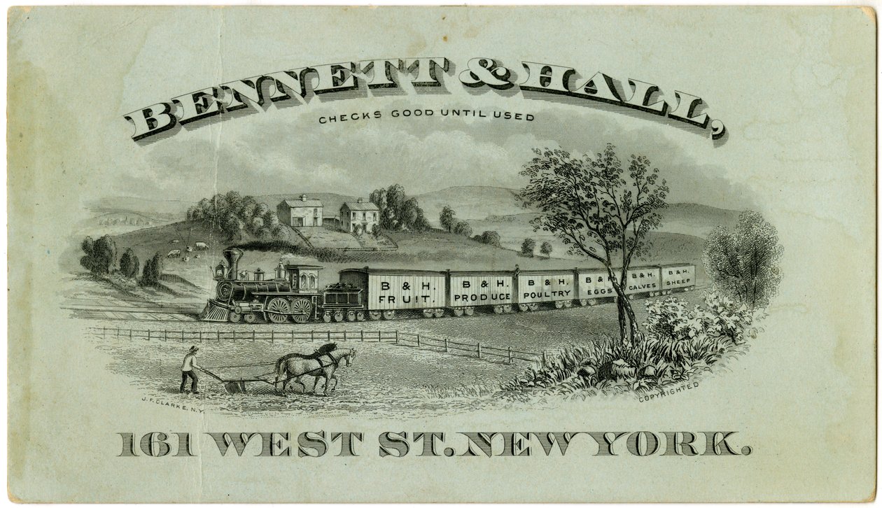 Bennett & Hall handelskaart [recto], 1882 door American School