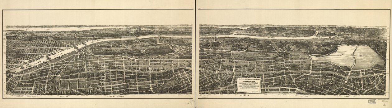 Vogelvlucht van dat deel van de 23e en 24e wijken van de stad New York, ten westen van de New York en Harlem Railroad, en van de Grand Boulevard en Concourse die Manhattan Island verbindt met het parksysteem ten noorden van de Harlem River door American School