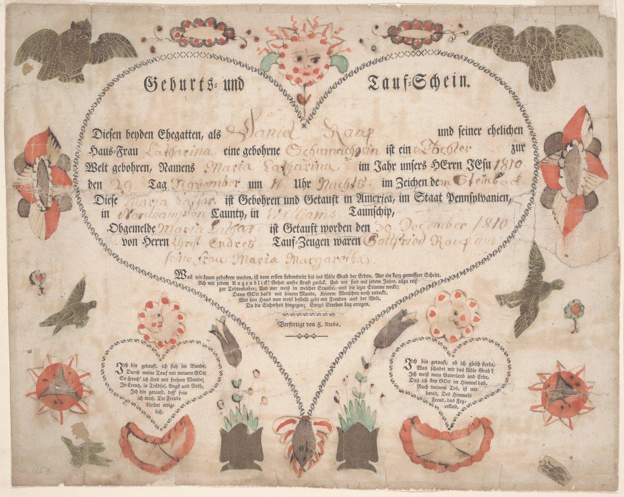 Geboorte- en doopcertificaat voor Maria Catharina Raup c.1806 door American School