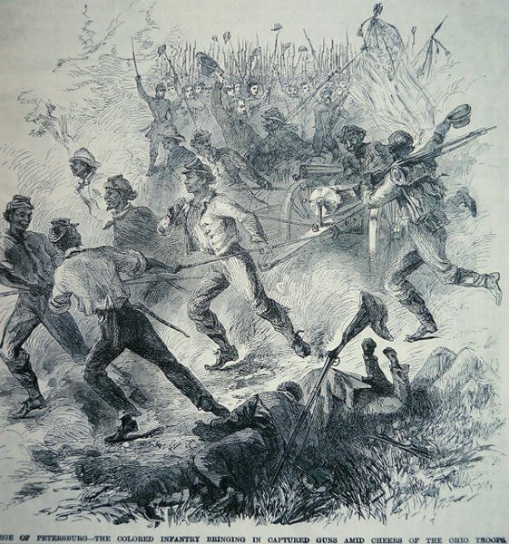 Zwarte troepen van het Union Army brengen veroverde kanonnen binnen tijdens het Beleg van Petersburg (1864-65) door American School