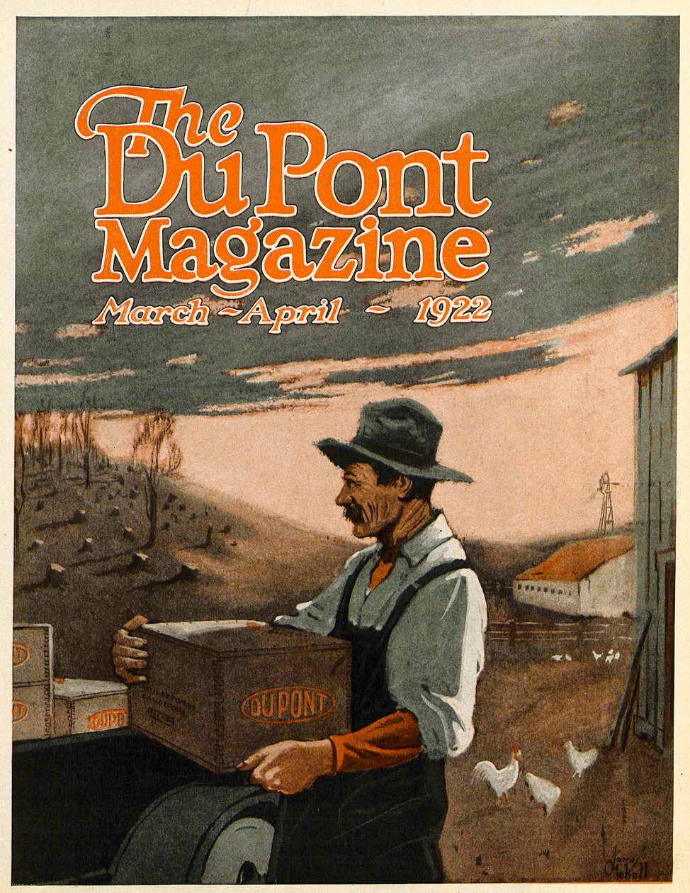 Boormachines en Explosieven Tweelinghelpers, vooromslag van het DuPont Magazine, maart-april 1922 door American School