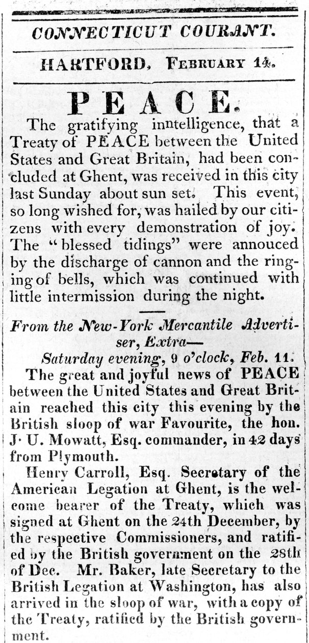Pamflet waarin vrede tussen de VS en Groot-Brittannië na de oorlog van 1812 wordt aangekondigd, gedrukt in de Connecticut Courant, 1815 door American School