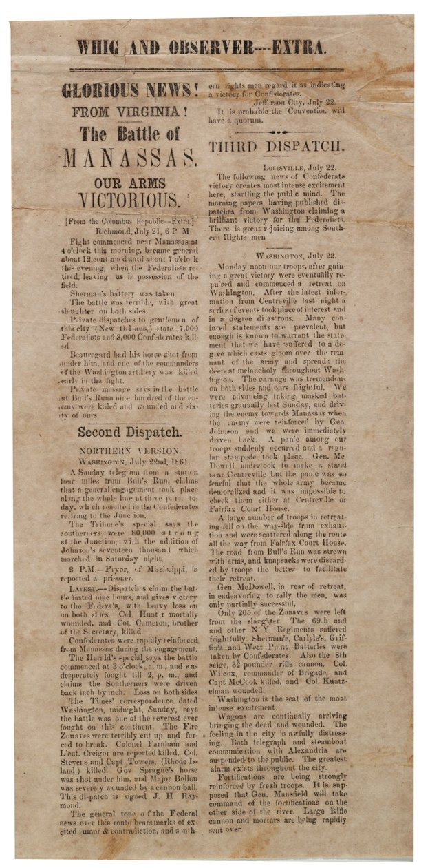 Affiche aankondiging van de Eerste Slag bij Manassas, Whig en Observer Extra, na 22 juli 1861 door American School