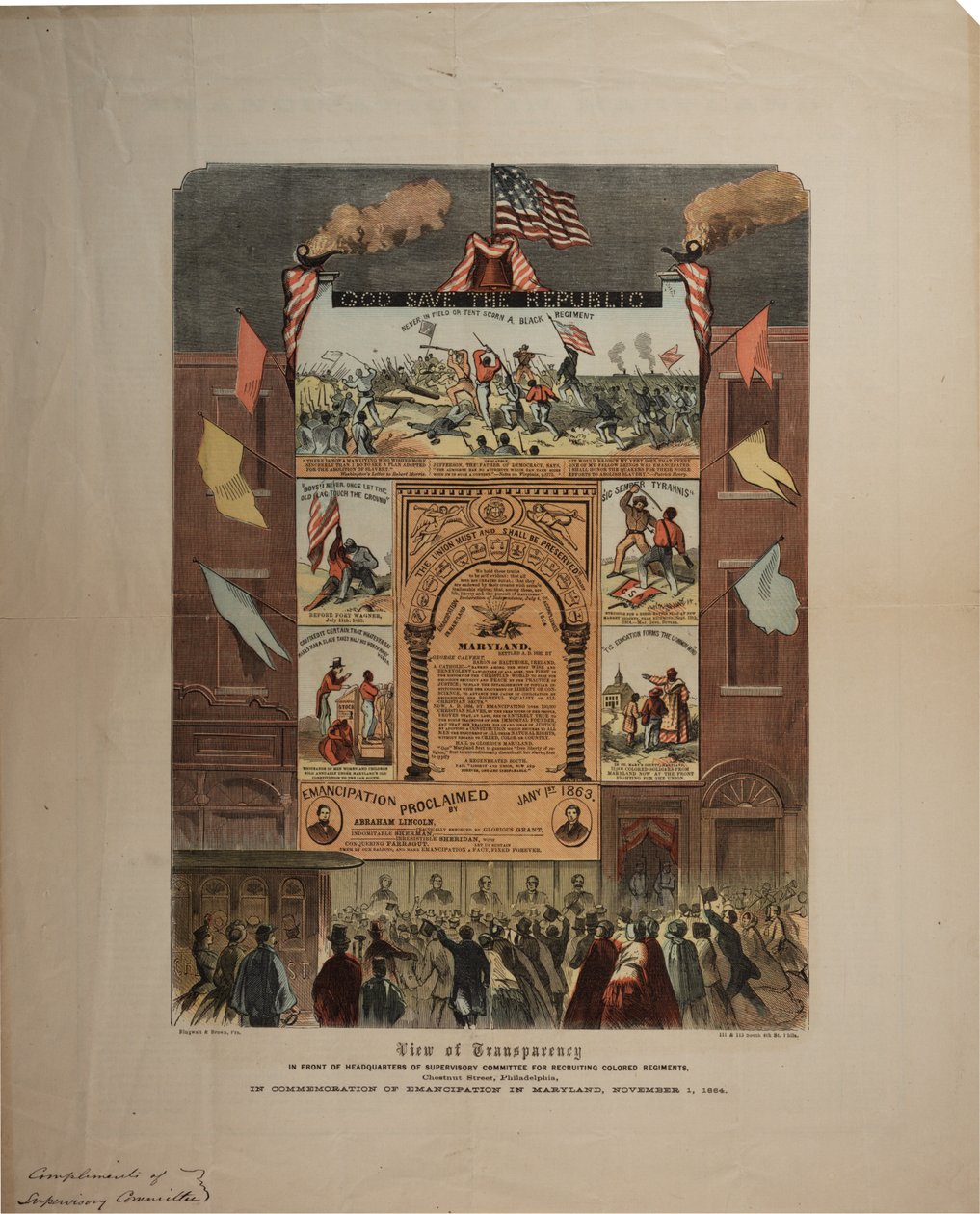Affiche over de werving van Afro-Amerikanen en het vieren van de emancipatie in Maryland, Ringwalt & Brown, ca. 1 november 1864 door American School