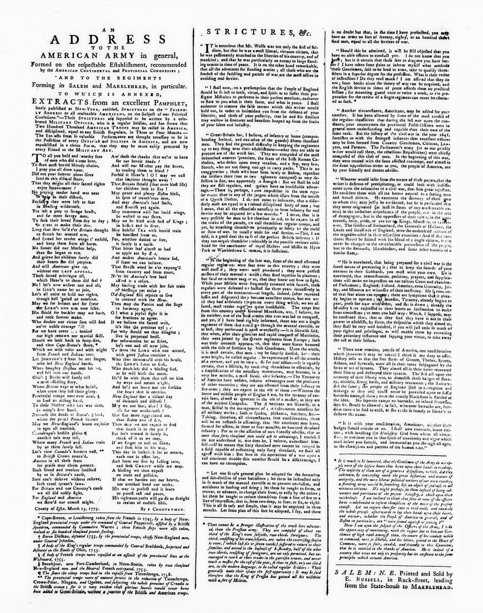 Pamflet met een toespraak aan het Amerikaanse leger, Salem, 1775 door American School