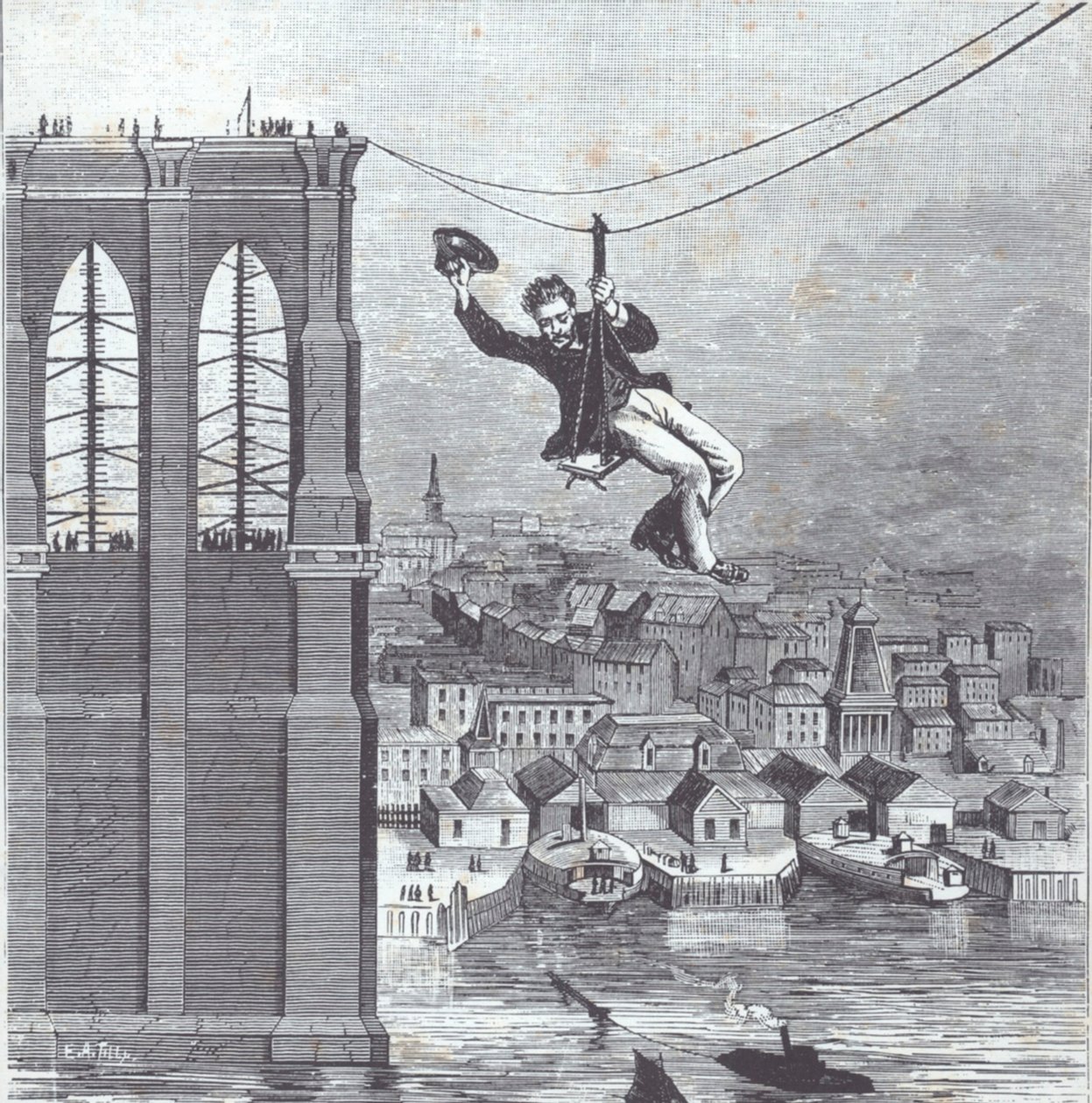 Brooklyn Bridge in aanbouw; de heer Farrington, hoofdconstructiesupervisor, is de eerste die de overspanning tussen de twee pylonen oversteekt op 25 augustus 1876 (gravure) door American School