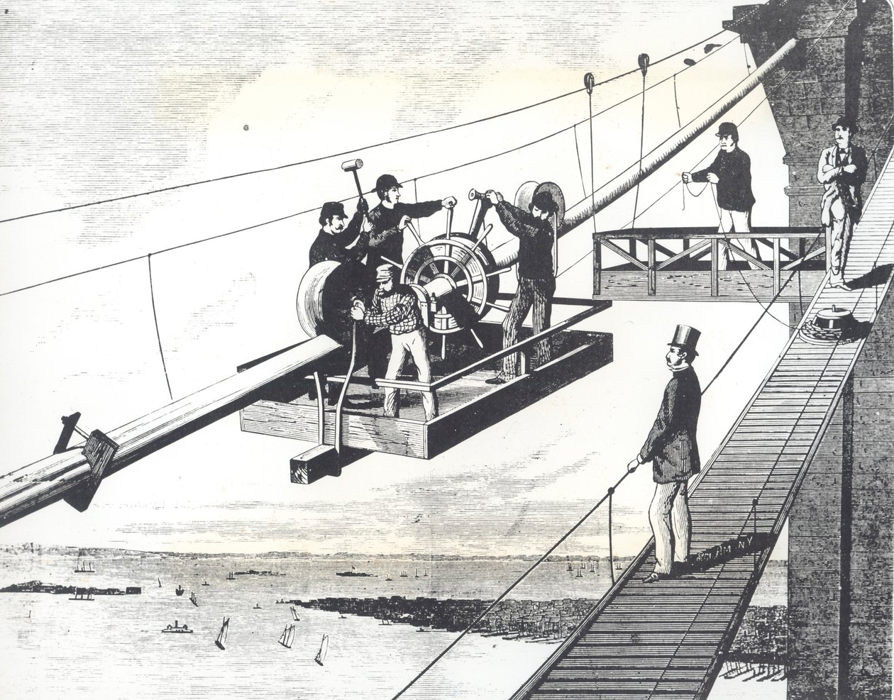 Brooklyn Bridge in aanbouw in 1876, het vlechten van de hangkabels (gravure) door American School