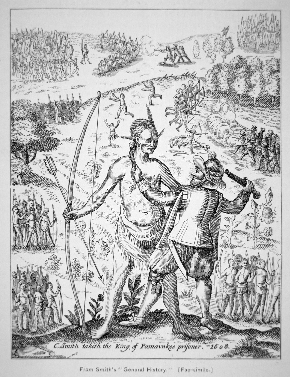 Kapitein John Smith (1580-1631) die een Indiaanse hoofdman vangt in 1608, uit Smith