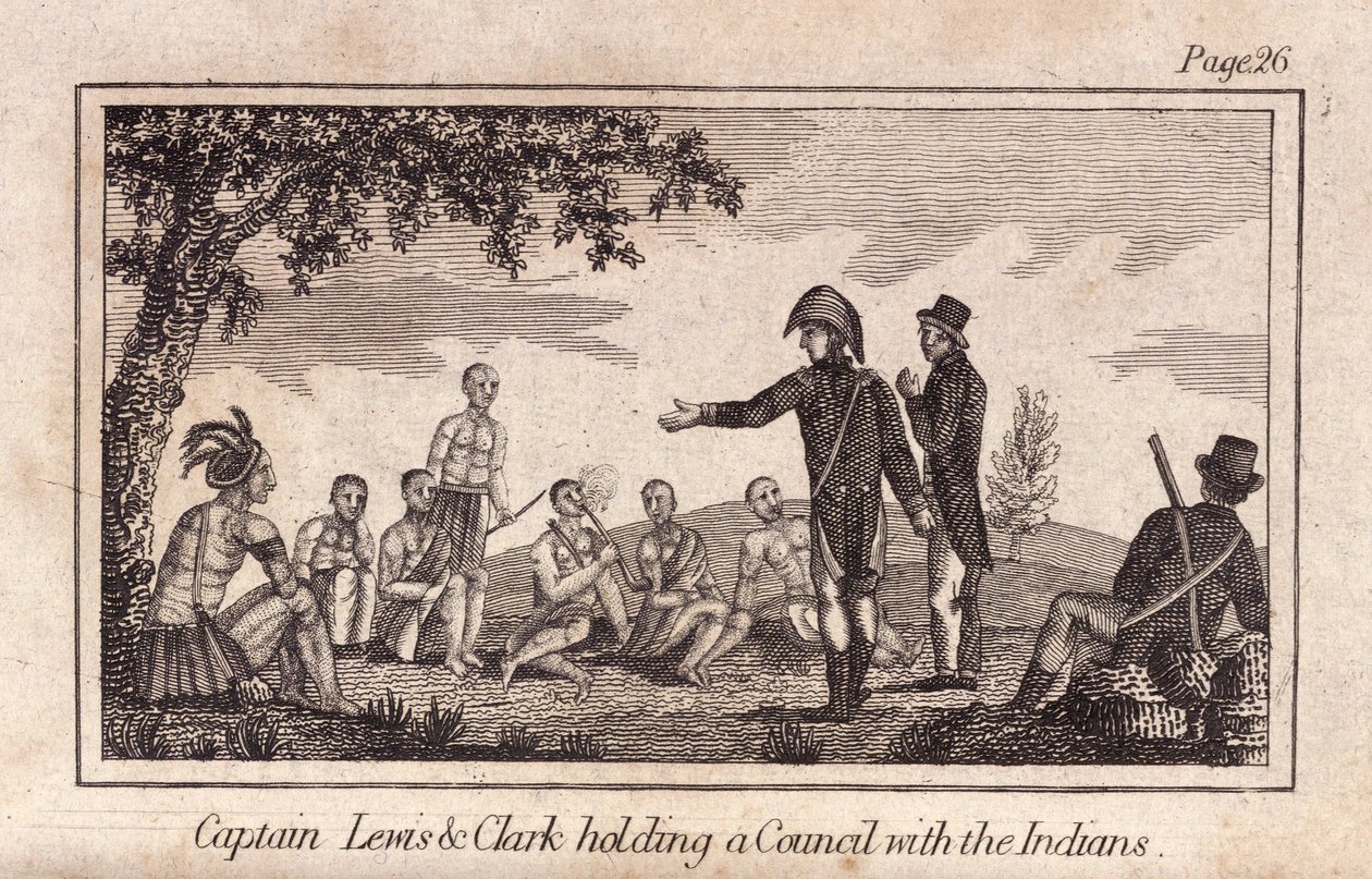Kapitein Lewis & Clarke houden een raad met de Indianen, uitgegeven 1812 (gravure) door American School