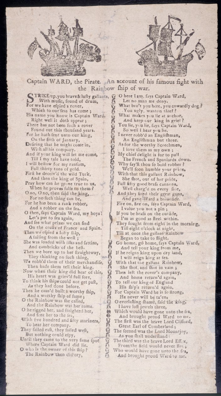 Kapitein Wards gevecht met het oorlogsschip Rainbow, pamflet gedrukt 1775 door American School