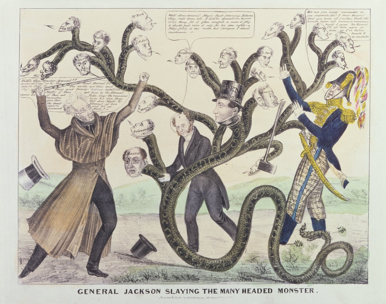 Karikatuur van generaal Jackson die het veelkoppige monster doodt, gepubliceerd door H.R. Robinson, c.1836 door American School