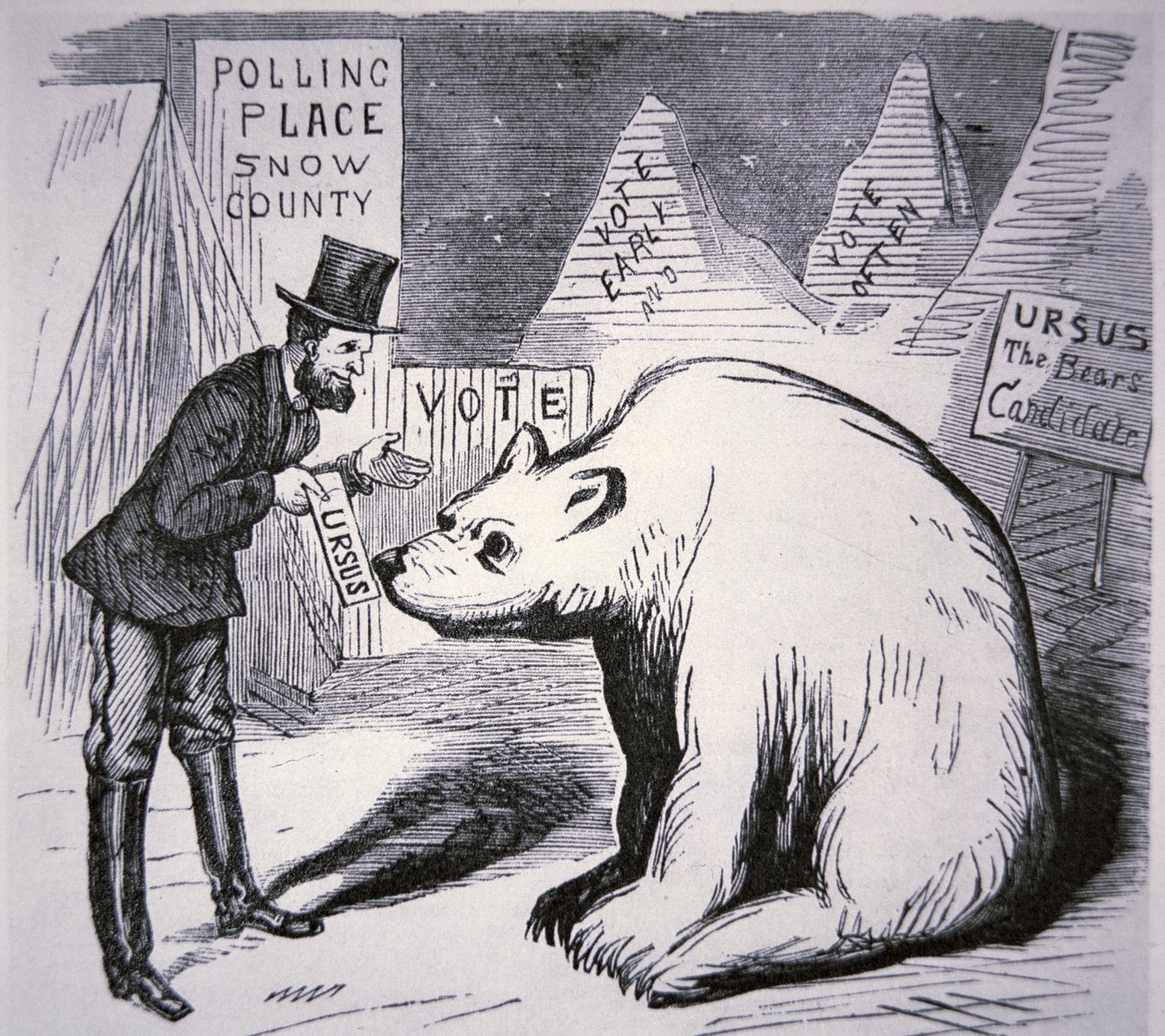 Cartoon die een Amerikaanse politicus toont die probeert kiezers te vinden in onbewoond Alaska door American School