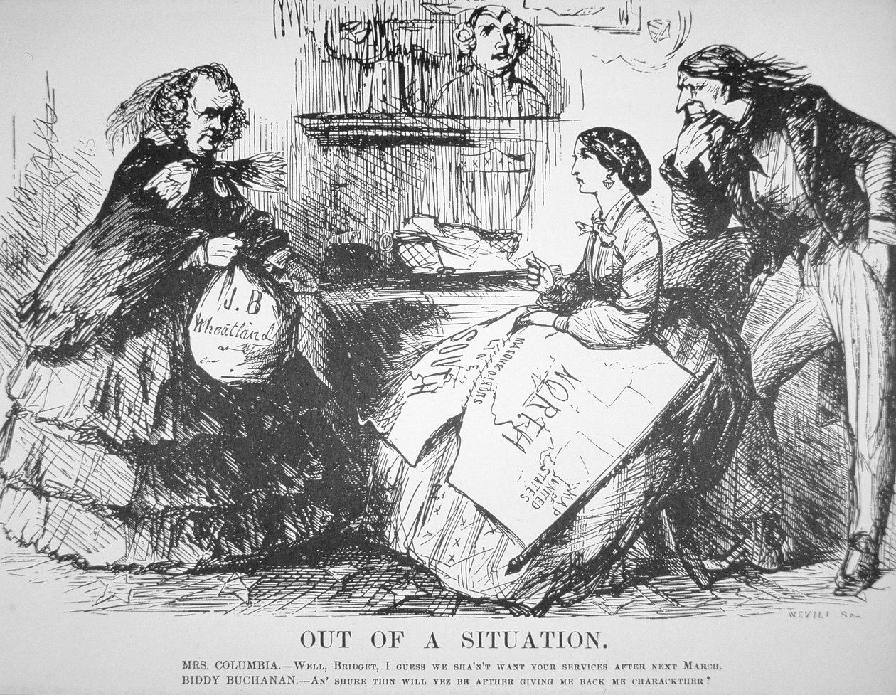 Spotprent in Vanity Fair Magazine die de afwijzing van James Buchanan door het Amerikaanse volk satiriseert, 7 april door American School