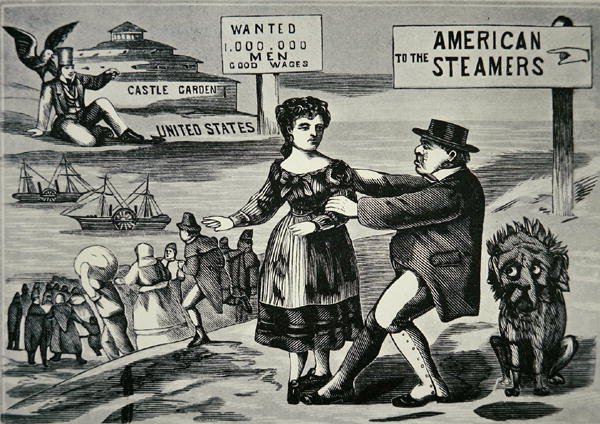 Cartoon die John Bull toont die probeert de toenemende stroom van arbeiders naar de VS te stoppen, ca. 1850 door American School