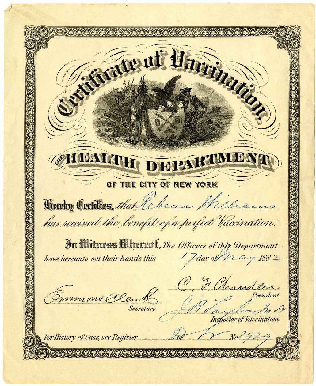 Vaccinatiecertificaat, de Gezondheidsdienst van de Stad New York..., 1882 door American School