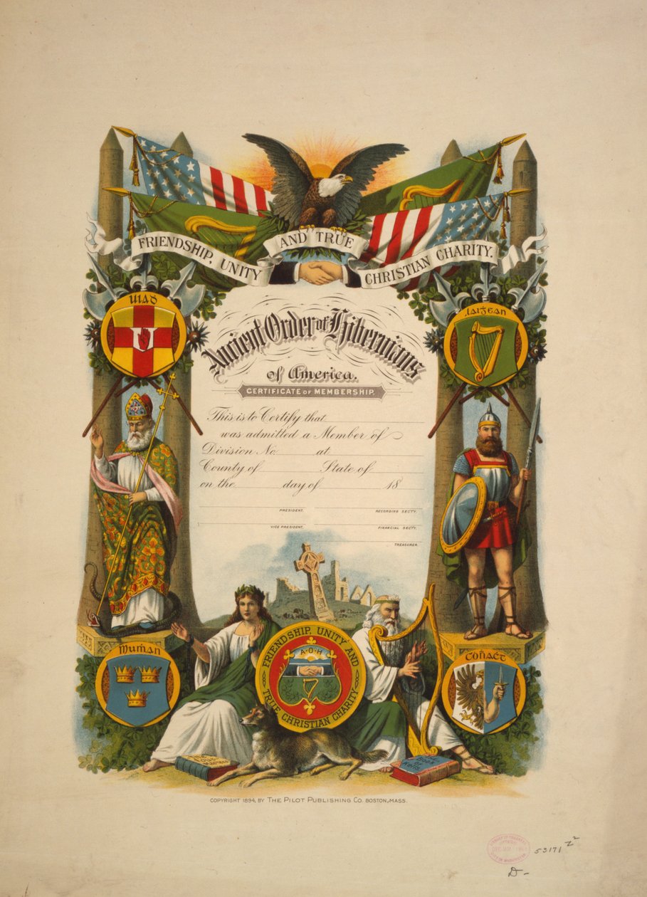 Lidmaatschapsbewijs van de Ancient Order of Hibernians of America, ca. 1894 (kleur lithografie) door American School