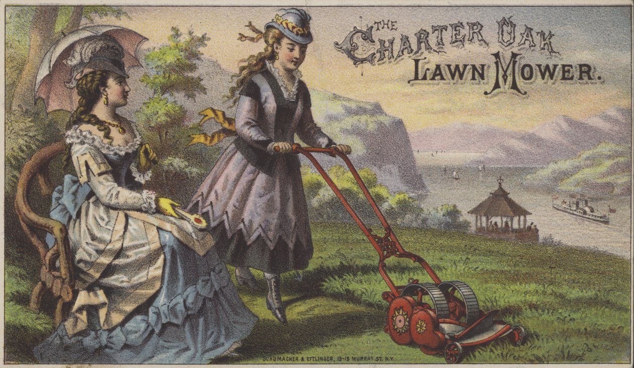 Charter Oak gazonmaaier (chromolitho) door American School