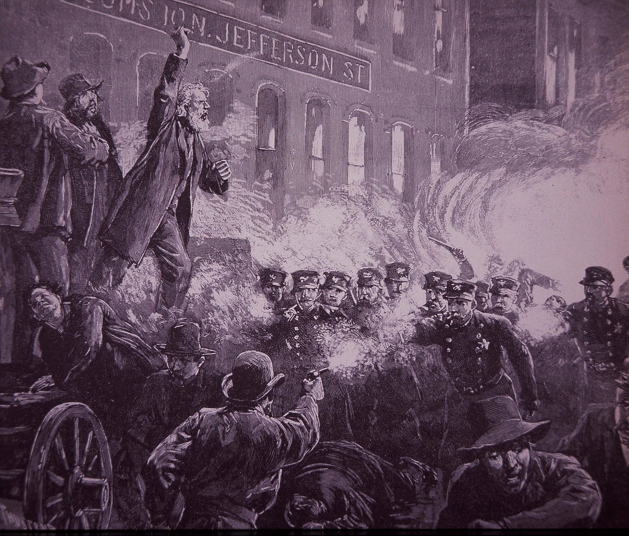 Chicago Haymarket Arbeidersoproer van 1886, gravure gepubliceerd in Harper