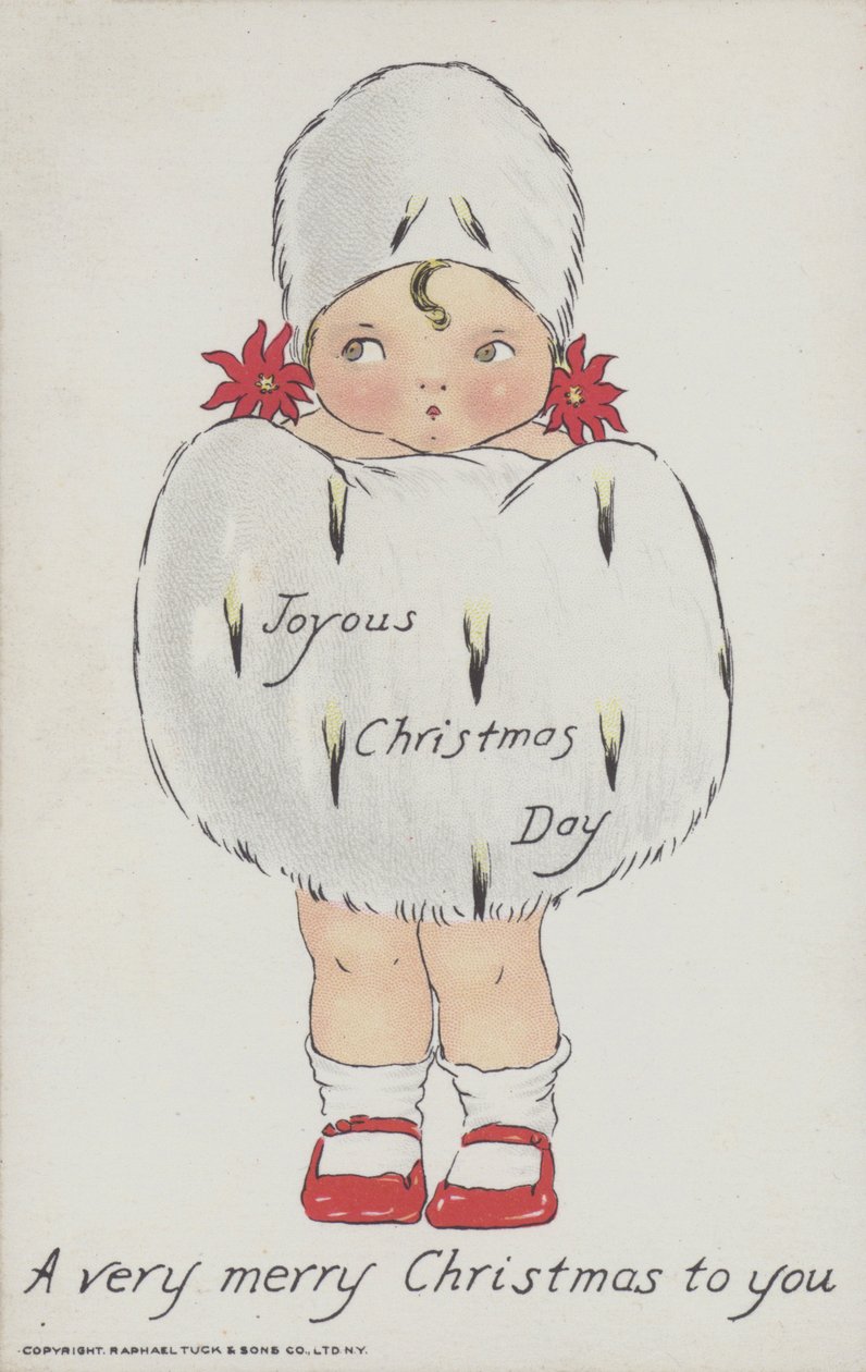 Kerstwenskaart met afbeelding van een kind met een kerstmuts en -muts. (chromolitho) door American School