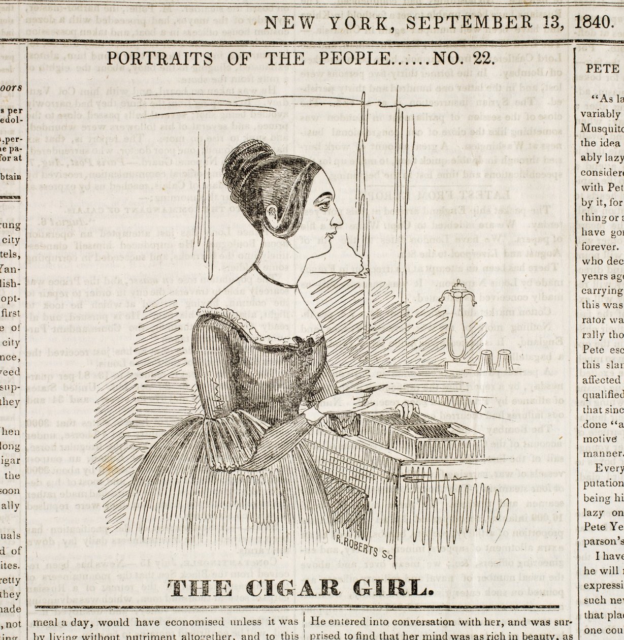 Sigarenmeisje, Voorpagina van "New York Sunday Atlas", 13 september 1840 door American School