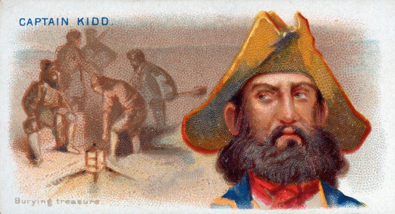Sigarettenkaart Kapitein Kidd, Begraaf Schat, uitgegeven 1888 kleur lithografie door American School