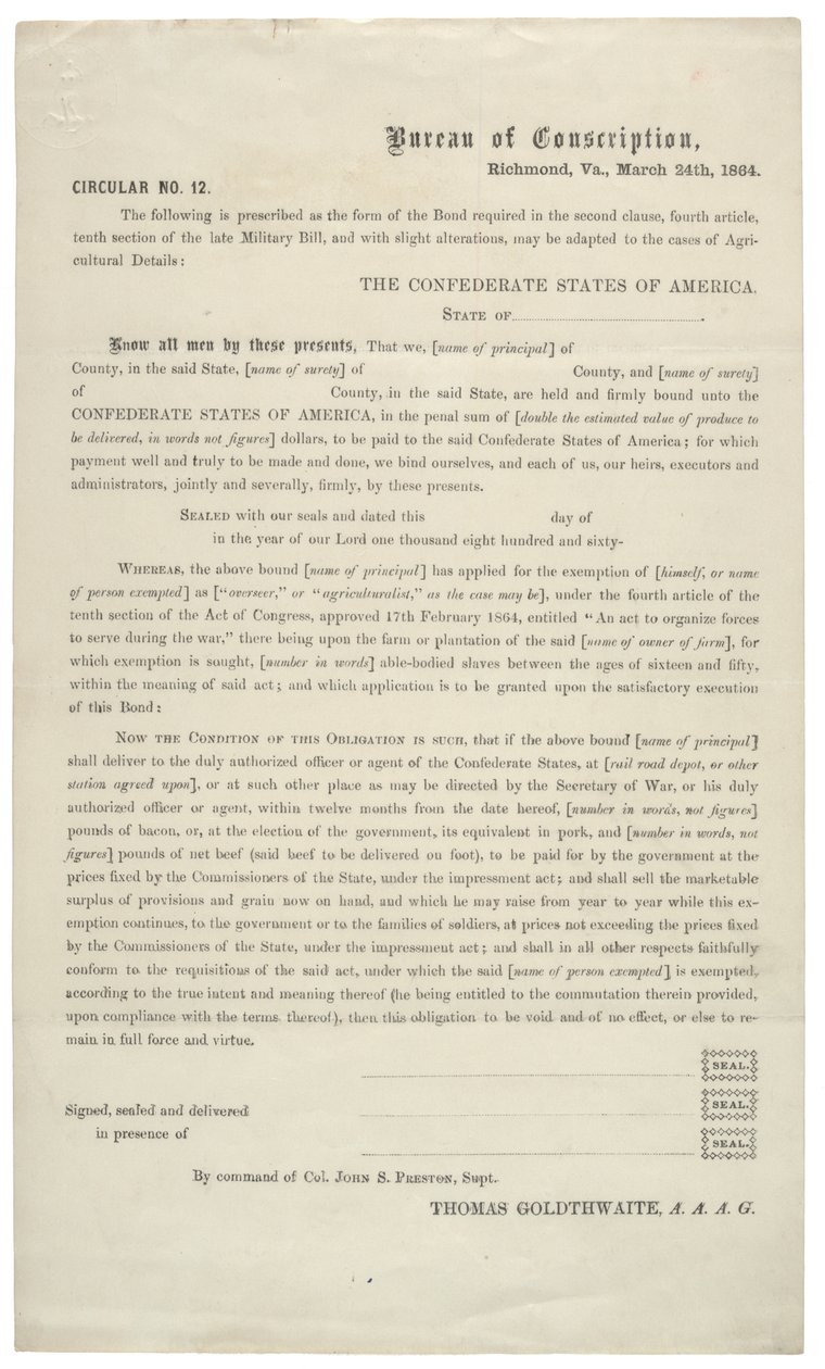 Circulaire nr. 12, een blanco aanvraag voor vrijstelling van dienst in het Confederale Leger, 24 maart 1864 door American School