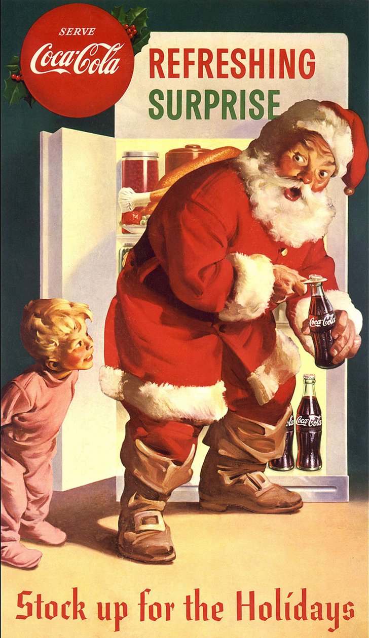 Coca-Cola-advertentie met de kerstman, jaren 40. Voorafgaande toestemming voor gebruik met Coca-Cola vereist door American School