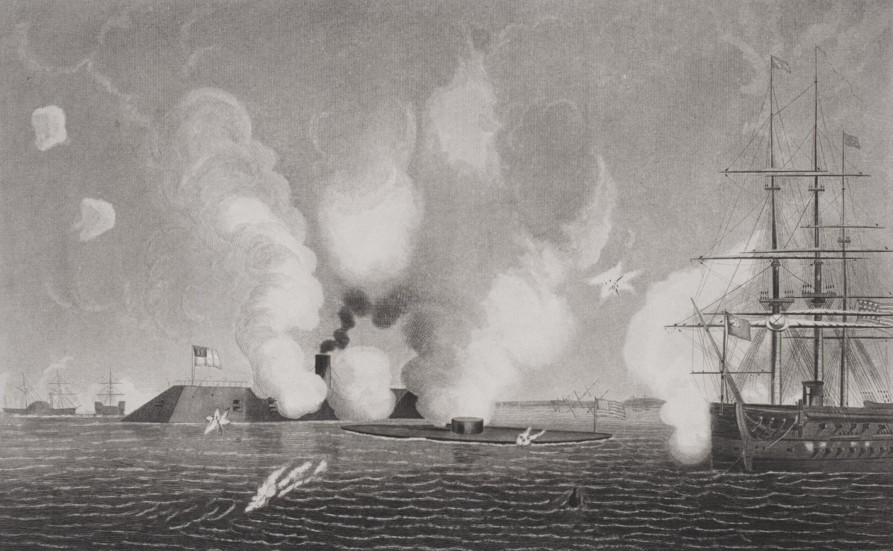 Gevecht tussen de Geconfedereerde CSS Virginia (links) en de Unie USS Monitor (midden) op 9 maart 1862 bij Hampton Roads, Virginia door American School