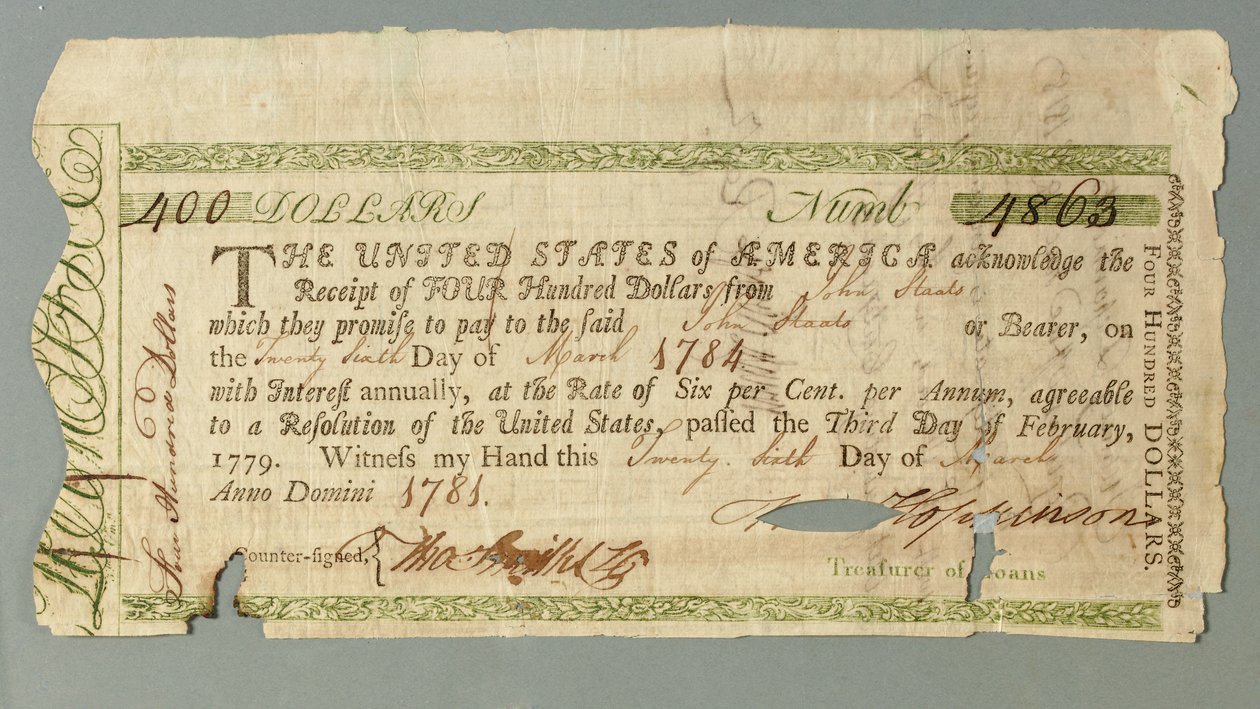 Continentaal Lening Kantoor Certificaat nummer 4863 ondertekend door Penningmeester Francis Hopkinson, 26 maart 1781 door American School