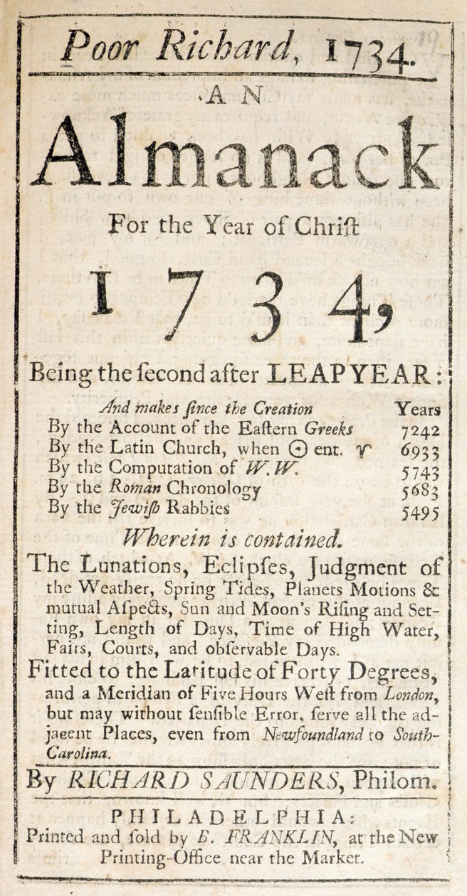 Omslag van Poor Richard, een almanak, 1734 door American School