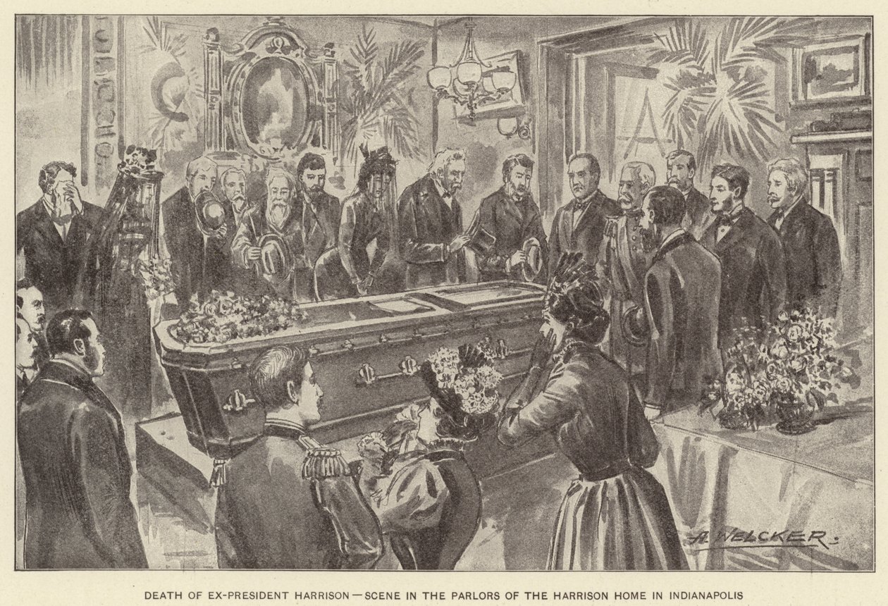 De dood van ex-president Harrison, scène in de salons van het huis van Harrison in Indianapolis (litho) door American School