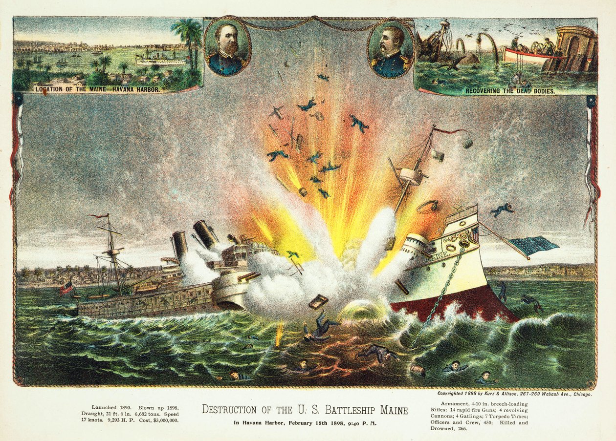 Vernietiging van het Amerikaanse slagschip Maine in de haven van Havana, 15 februari 1898, uitgegeven 1898 door American School