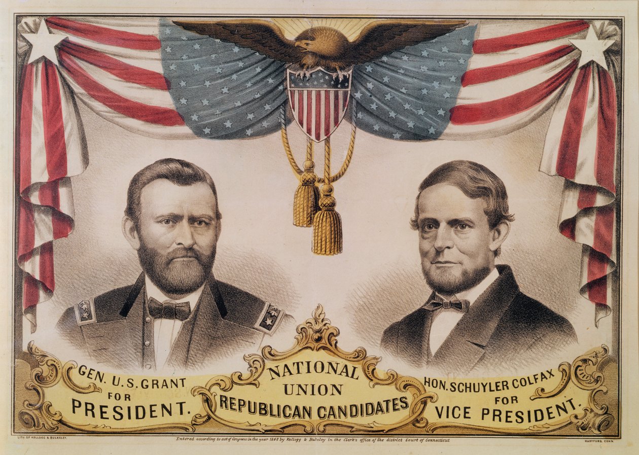 Verkiezingsposter voor de Amerikaanse presidentsverkiezingen van 1868 met afbeelding van Ulysses S. Grant en Schuyler Colfax, 1868 door American School