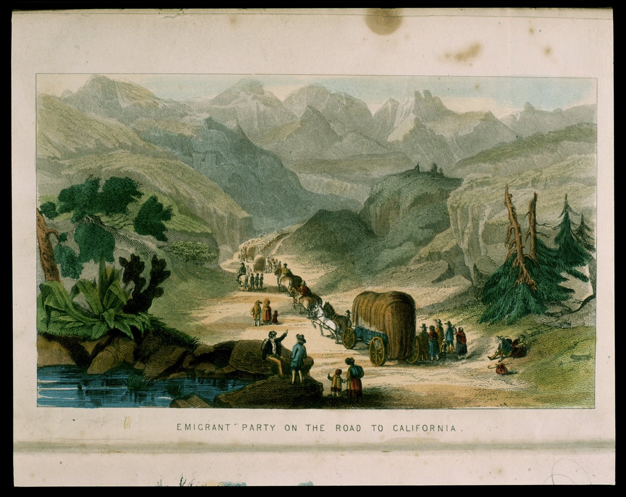 Emigrantengroep op weg naar Californië in 1596, illustratie uit California, its past history, its present position, its future prospects door G.A. Fleming, 1850 door American School