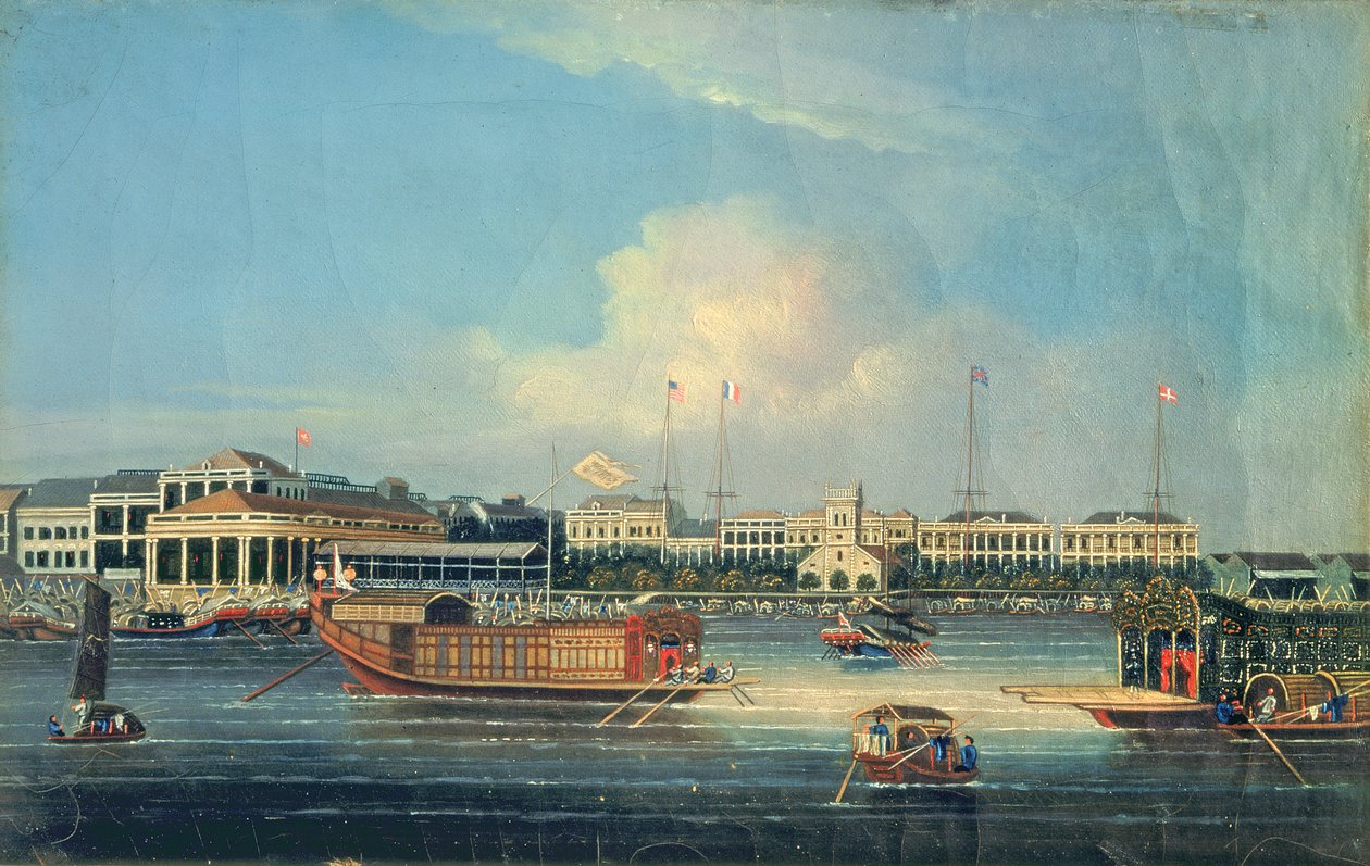 Fabrieken in Canton, vanaf de Haven, China, 1850 door American School