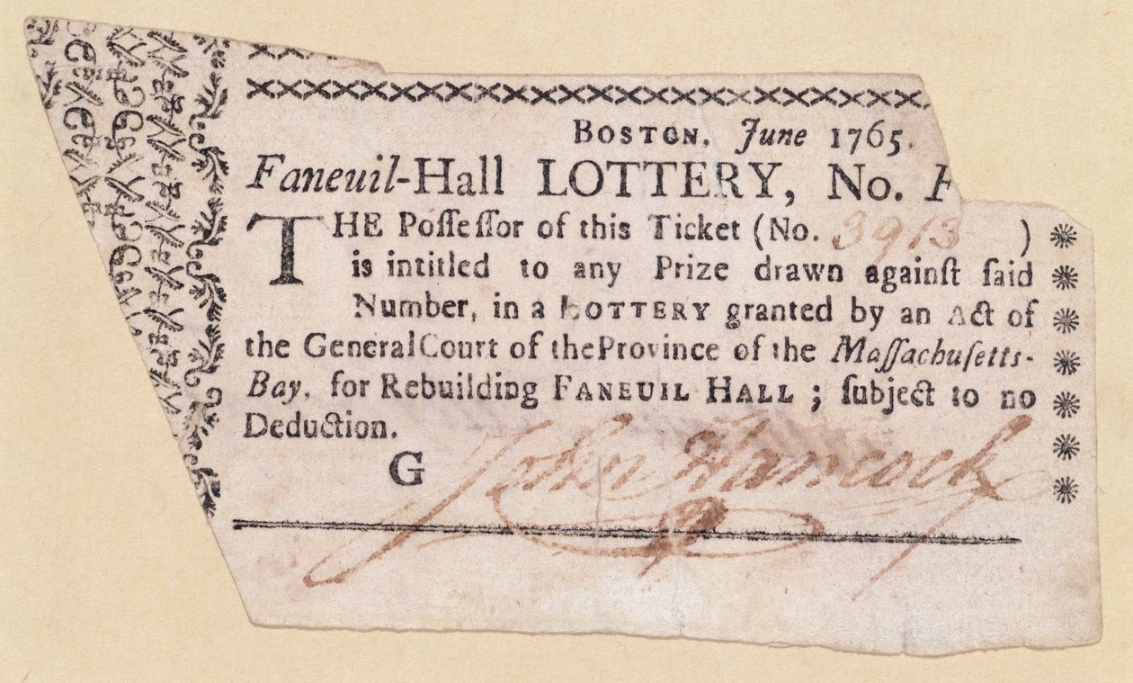 Faneuil-Hall-loterijticket, ondertekend door John Hancock (1737-93) 1765 door American School