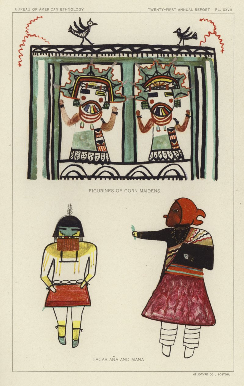 Beeldjes van korenmeisjes, Tacab Ana en Mana (kleurenlitho) door American School