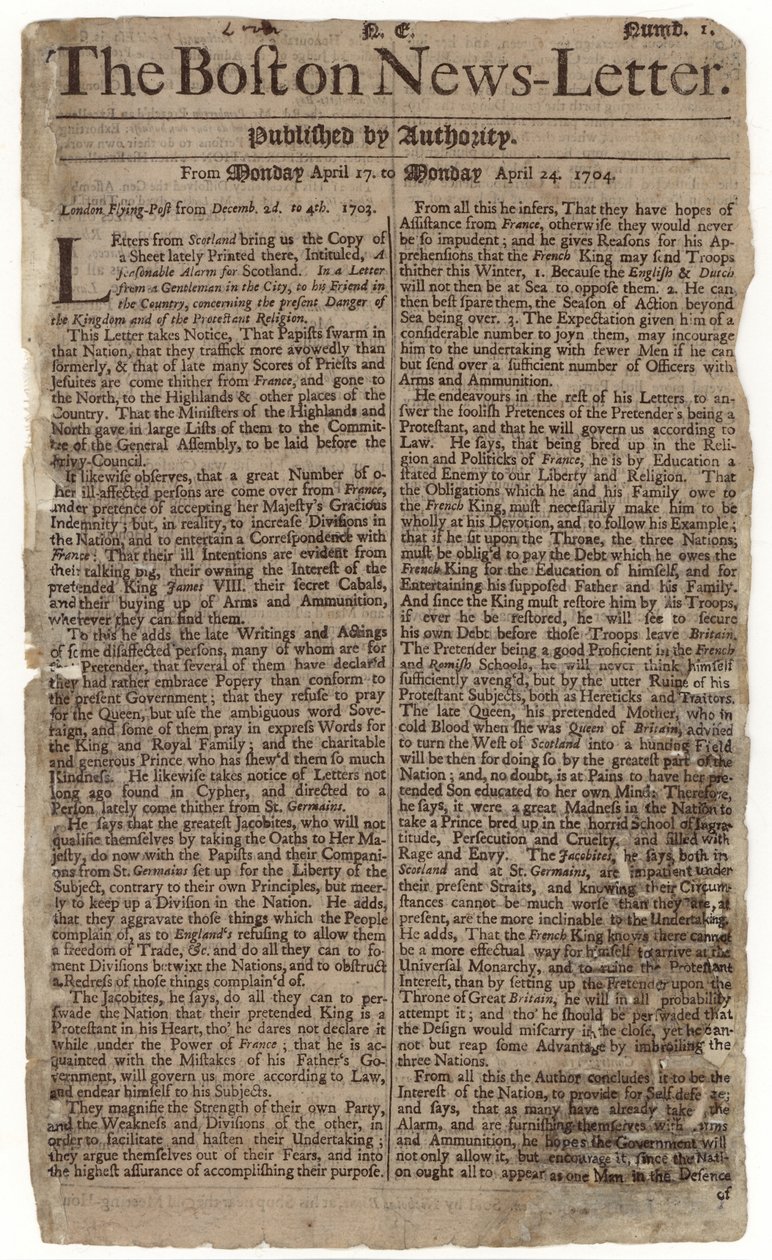Eerste uitgave van de Boston News-Letter, 1704 (krantenpapier) door American School