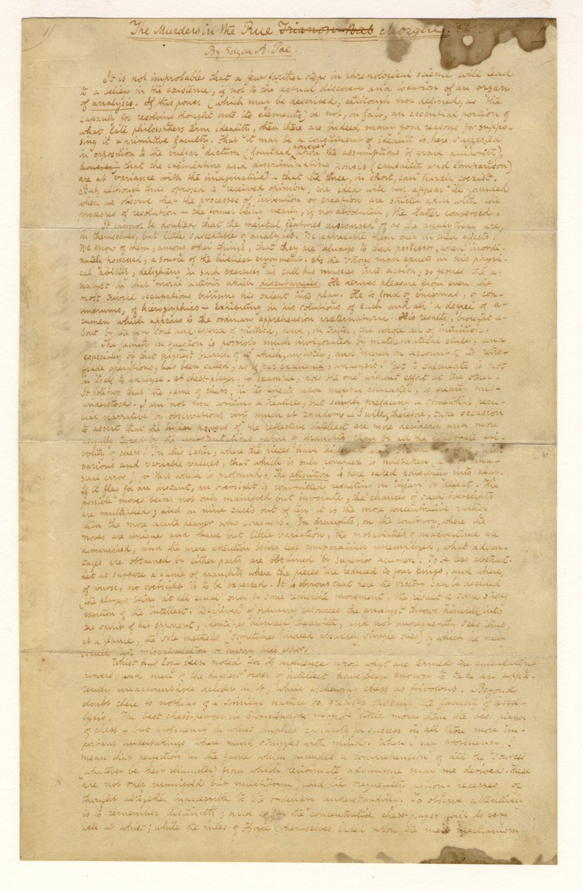 Eerste pagina van de Moorden in de Rue Morgue door Edgar Allan Poe, 1841 door American School