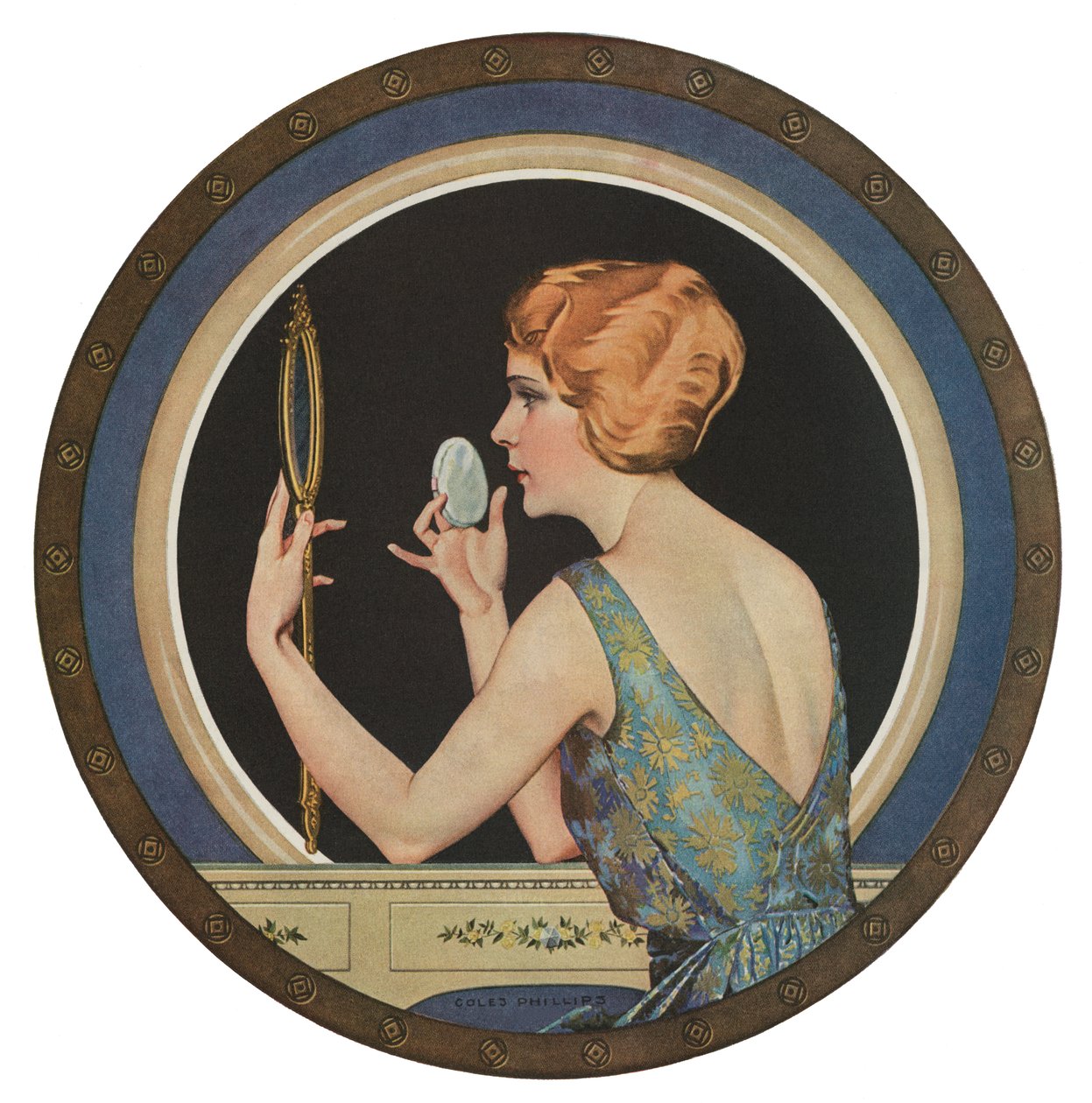 Flapper brengt make-up aan in een spiegel door American School