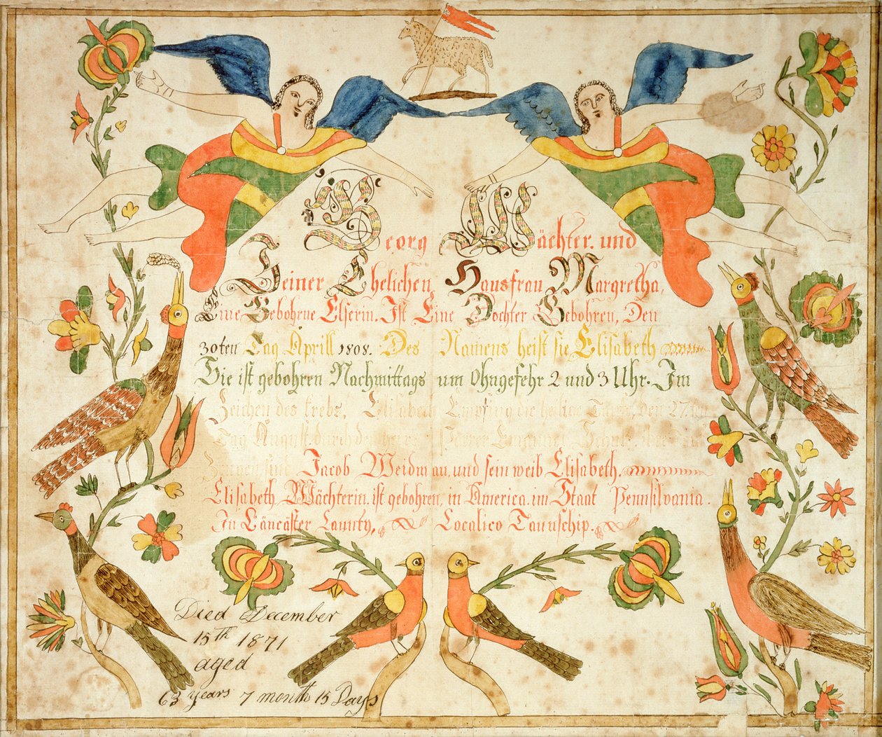 Fraktuur voor de geboorte- en doopakte van Elizabeth Wachter (1808-71) 1808 (inkt  aquarel op papier) door American School