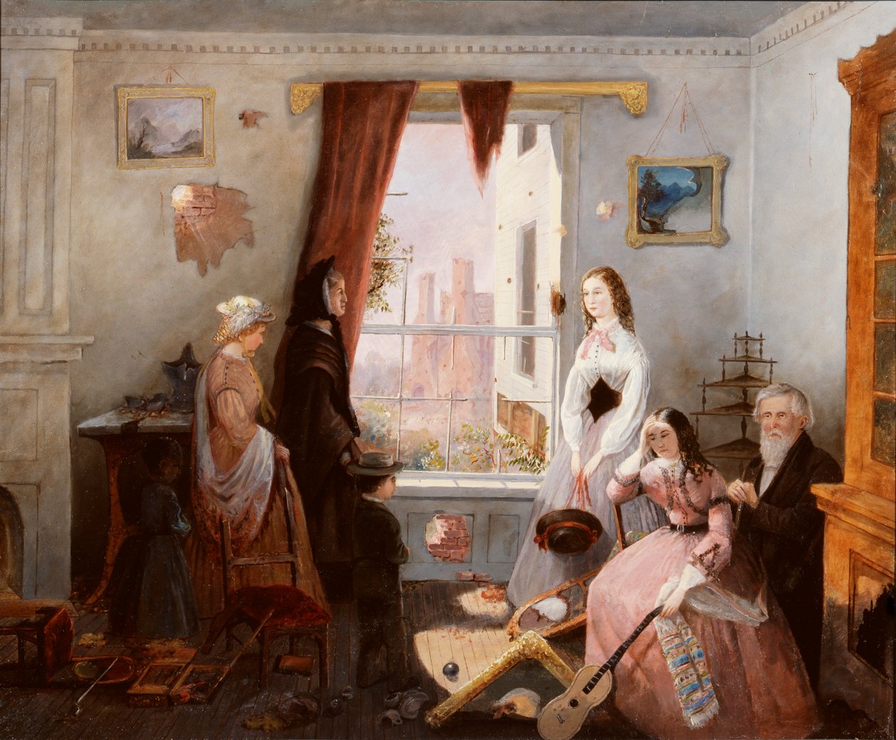 Fredericksburg familie in een door oorlog verscheurd huis (olieverf op board) door American School