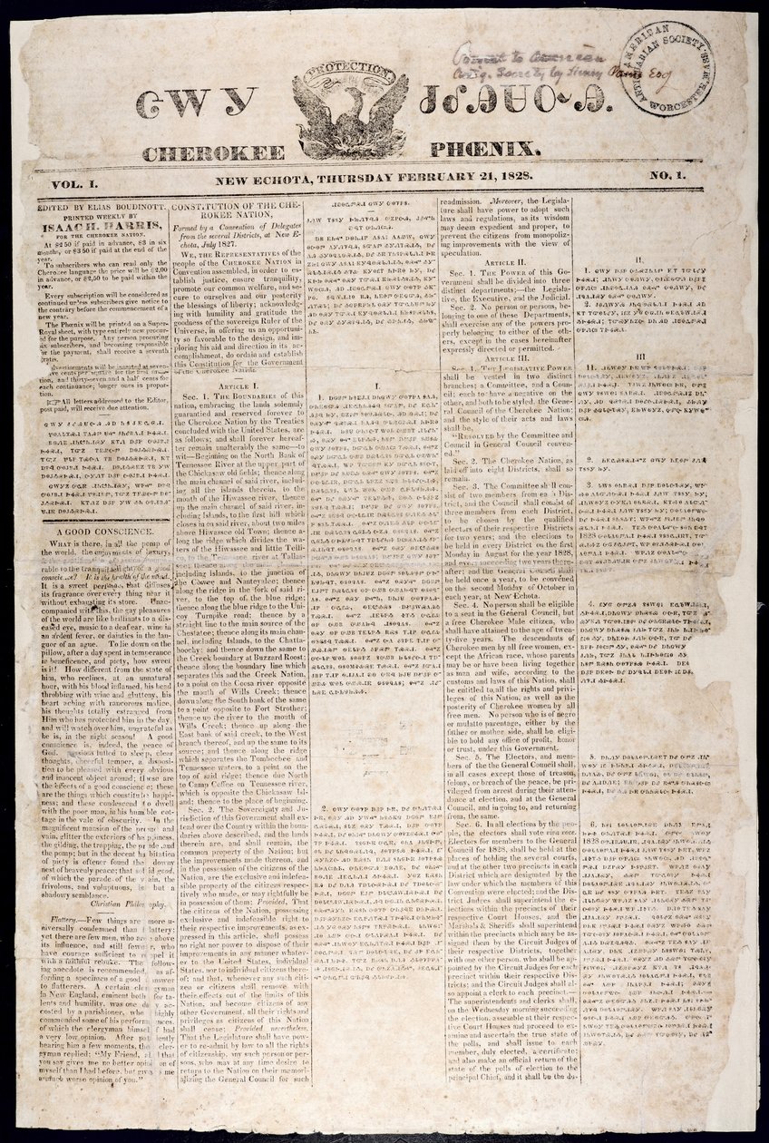 Voorpagina van de Cherokee Phoenix, 21 februari 1828 (prent) door American School