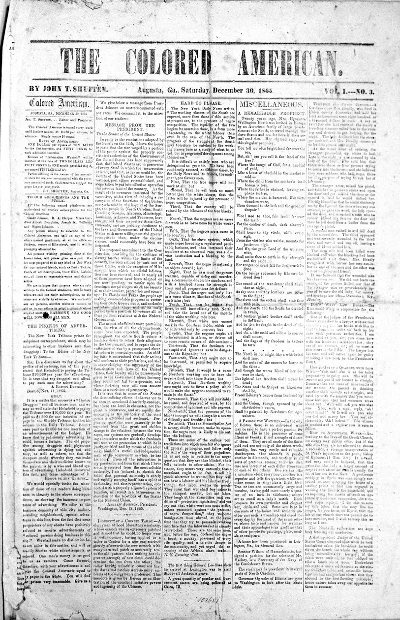 Voorpagina van The Colored American, 30 december 1865 door American School