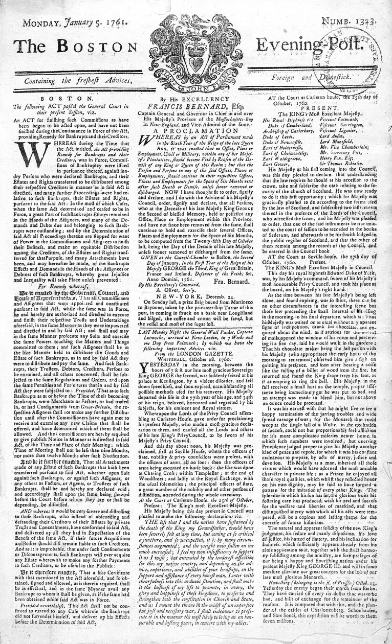 Voorpagina van de Boston Evening Post met aankondiging van de dood van koning George II (1683-1760), 5 januari 1761 (prent) door American School