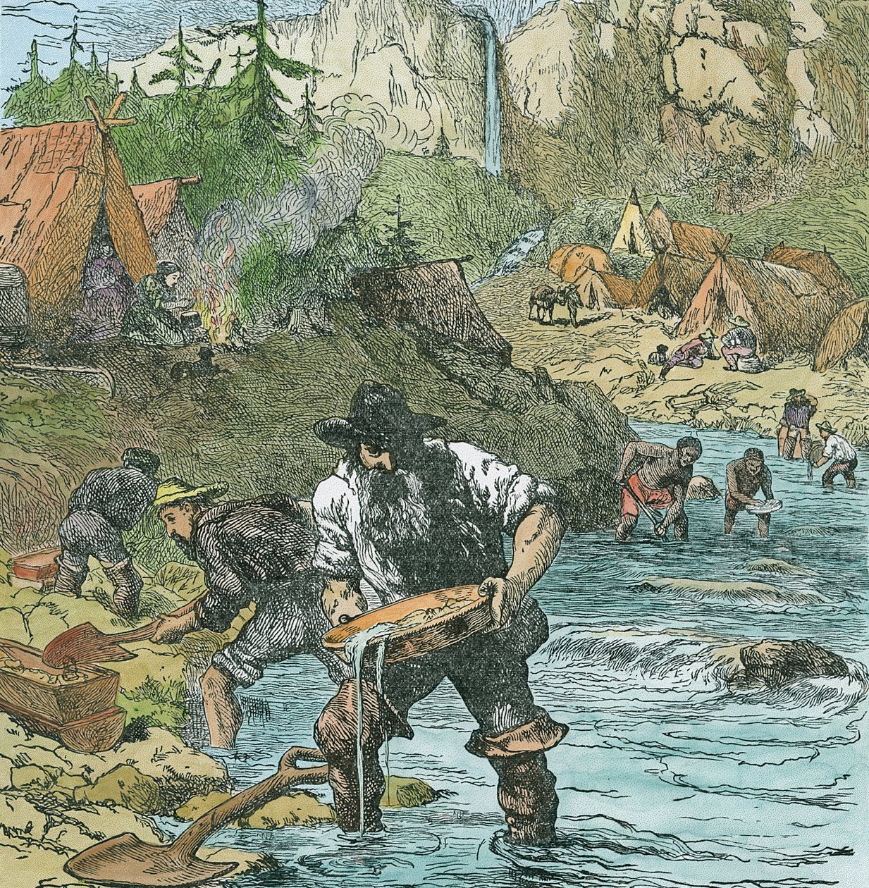 Goudwassen in Californië, uit een boek gepubliceerd in 1896 door American School