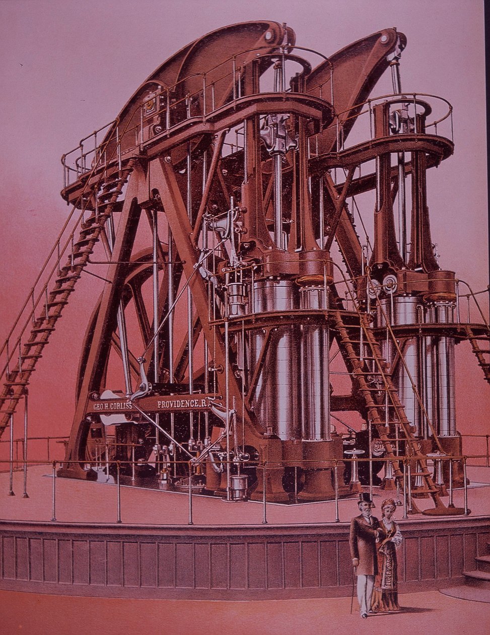 Grote Corliss stoommachine op de Philadelphia Tentoonstelling door American School