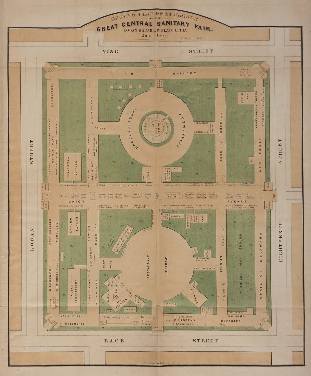 Grondplan van gebouwen van de Great Central Sanitary Fair, Logan Square, juni 1864 door American School