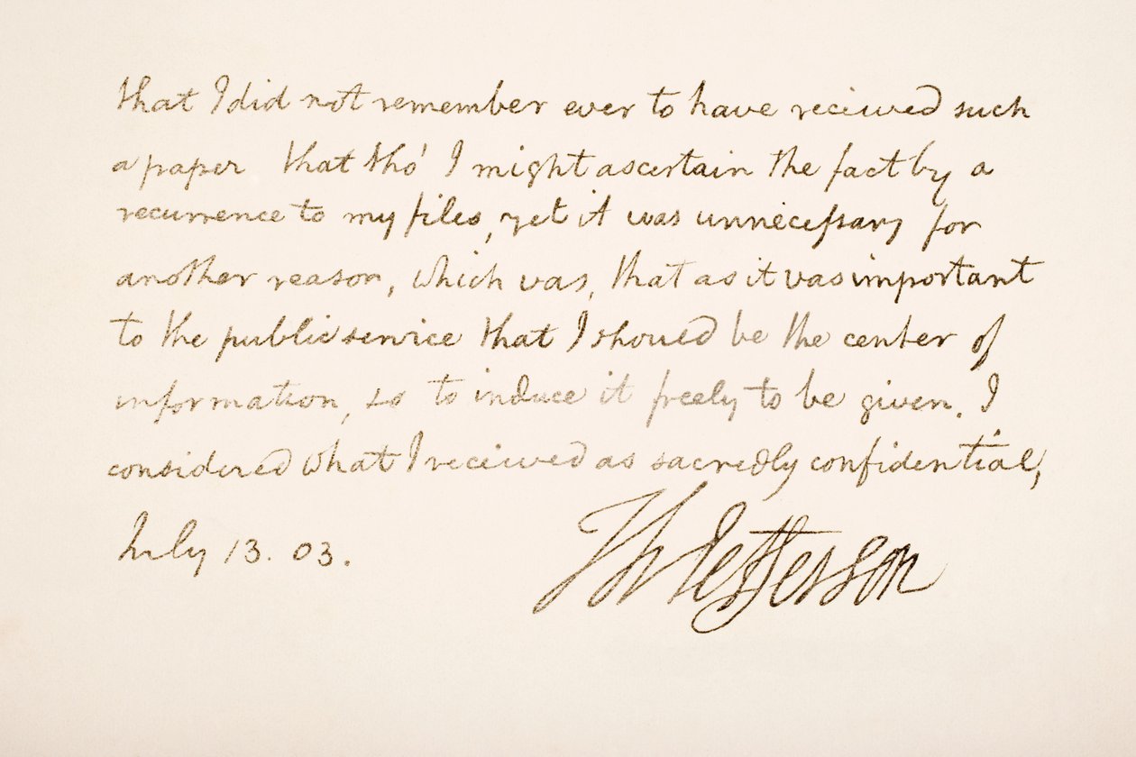 Handschrift en handtekening van Thomas Jefferson, 1803 door American School